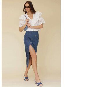 NEW Avec Les Filles Floral Embroidered High Slit Denim